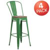 Flash Furniture Green Metal Barstool with Back and Wood Seat, 30" High 4-CH-31320-30GB-GN-WD-GG